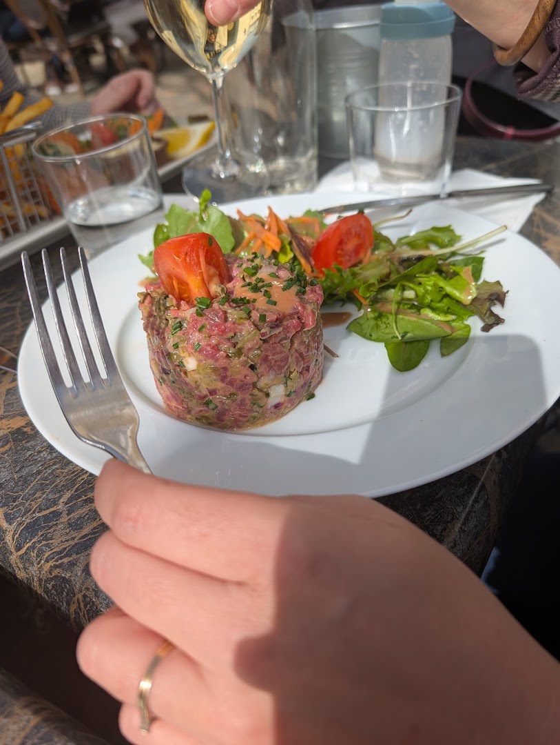 Préparation de viande crue assaisonnée, salade et tomates